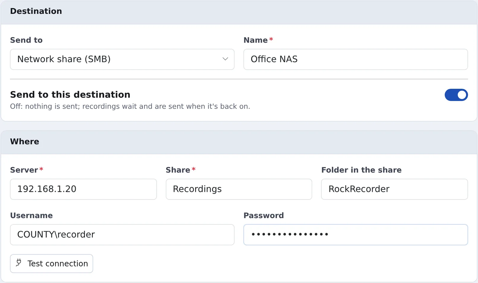 A new archiving destination: a network share named Office NAS, with its server, share, folder, username and password, and Test connection