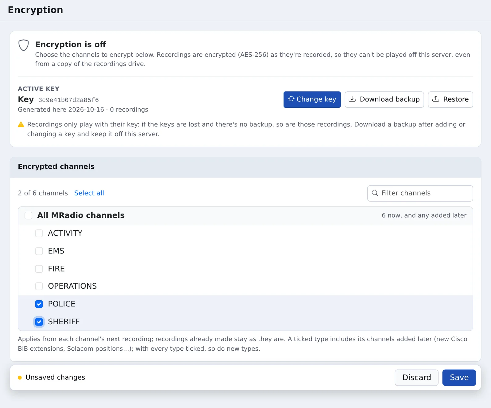 The Encryption page: the active key with Change key, Download backup and Restore, and the Encrypted channels list with two channels ticked