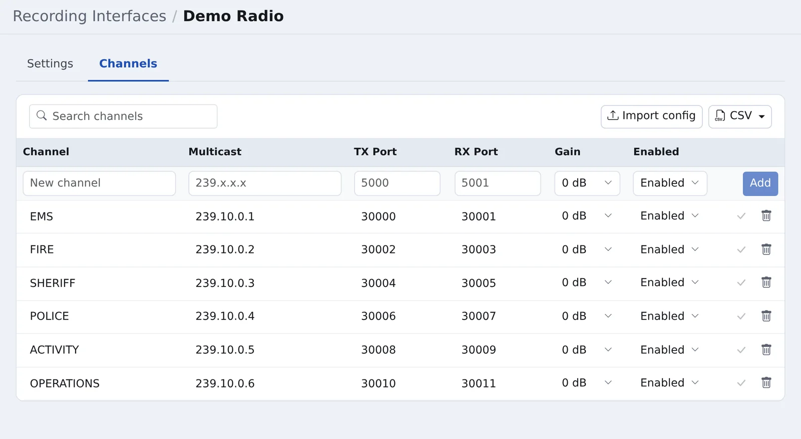 The Channels tab of an MRadio recording interface, listing channels with their multicast address, TX and RX ports, gain and enabled state