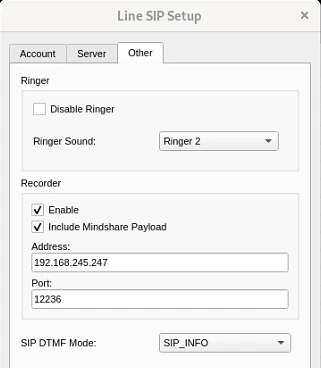 ConsoleBuilder's Line SIP Setup, Other tab: Recorder Enable and Include Mindshare Payload ticked, with the recorder's address and port