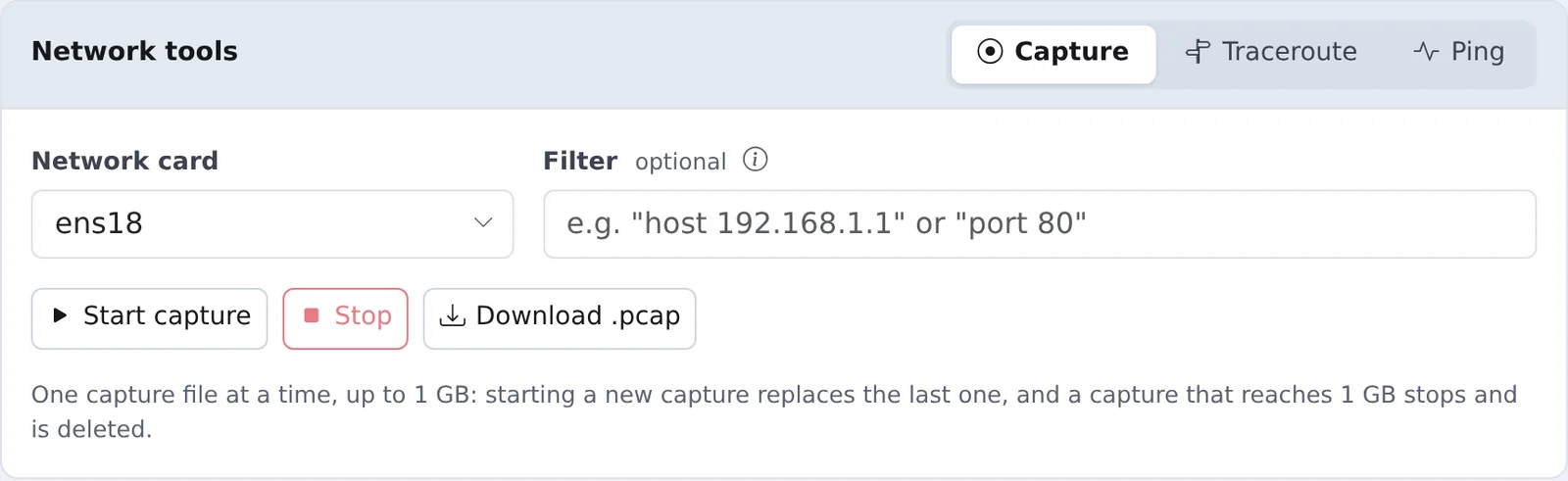 Network tools on the Network page: Capture, with the network card, filter, Start capture, Stop and Download .pcap