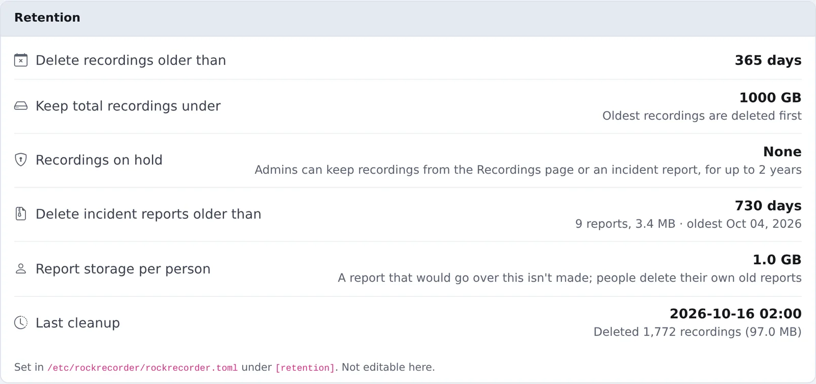 The Retention card on the Storage page: the age and size limits, recordings on hold, incident report limits and the last cleanup